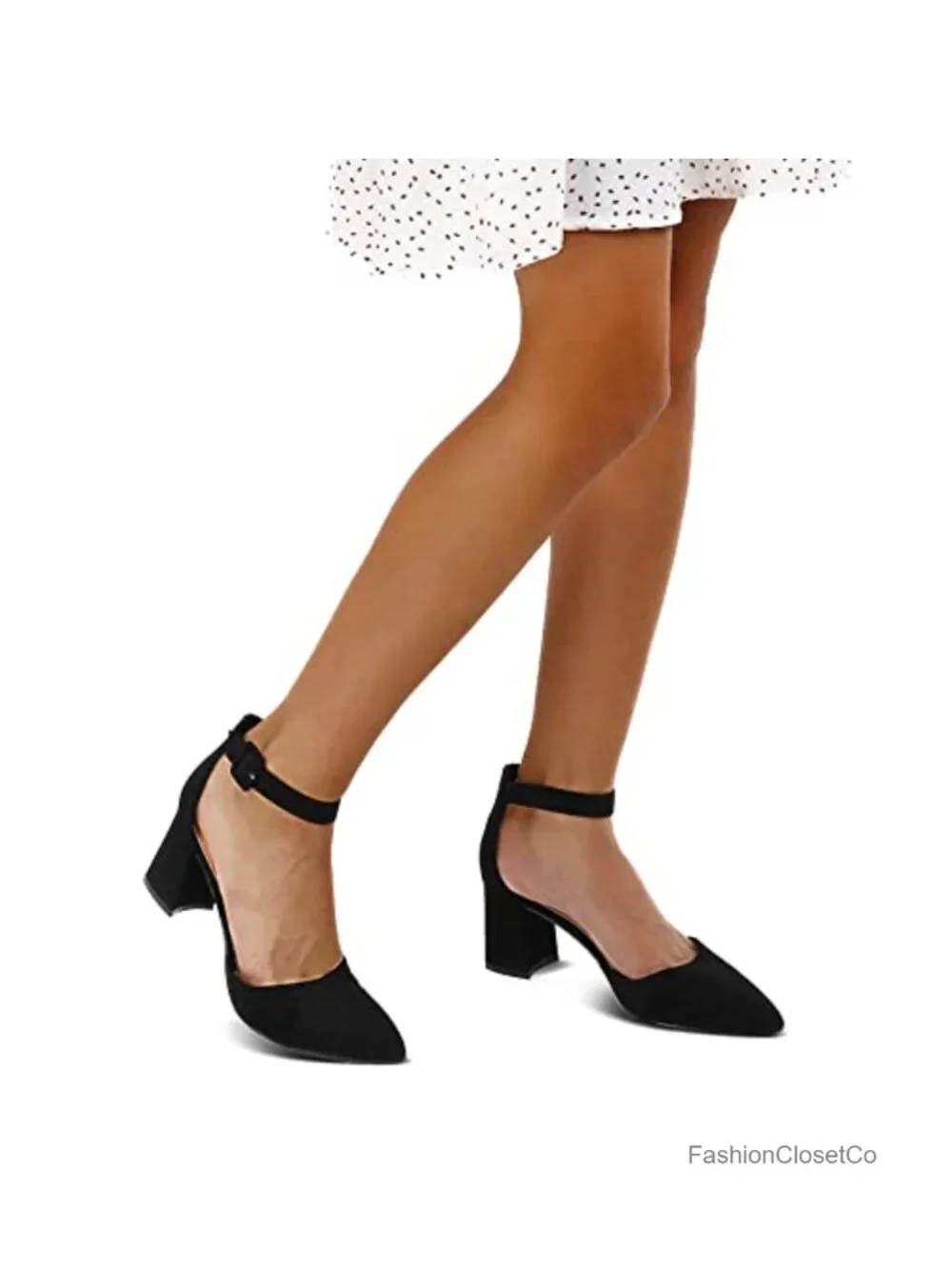 Women's Pointed Toe Pumps Ankle Strap Chunky Block Heel Dress Shoes